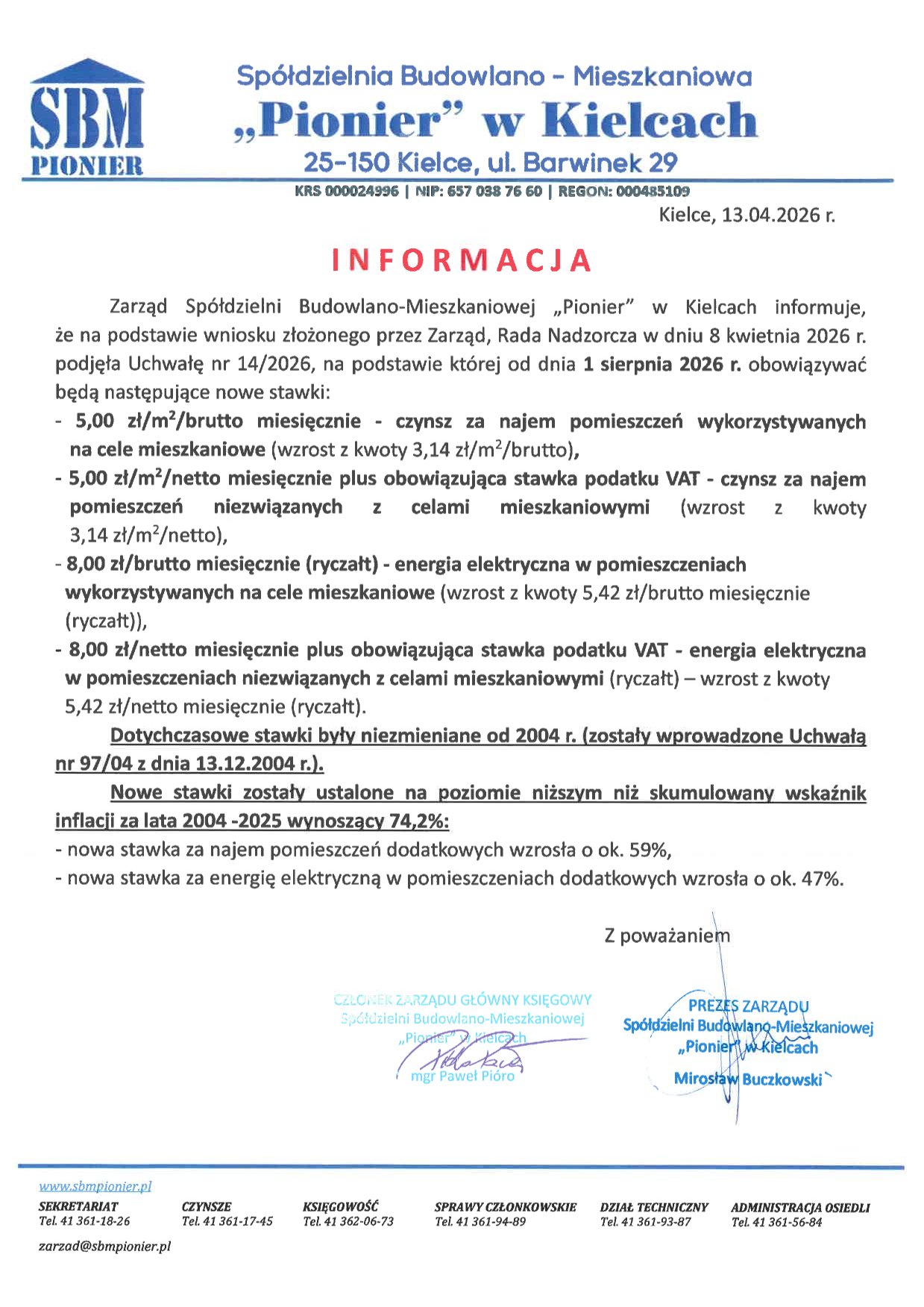 Informacja na temat nowej stawki za najem pomieszczeń dodatkowych oraz energii elektrycznej 1