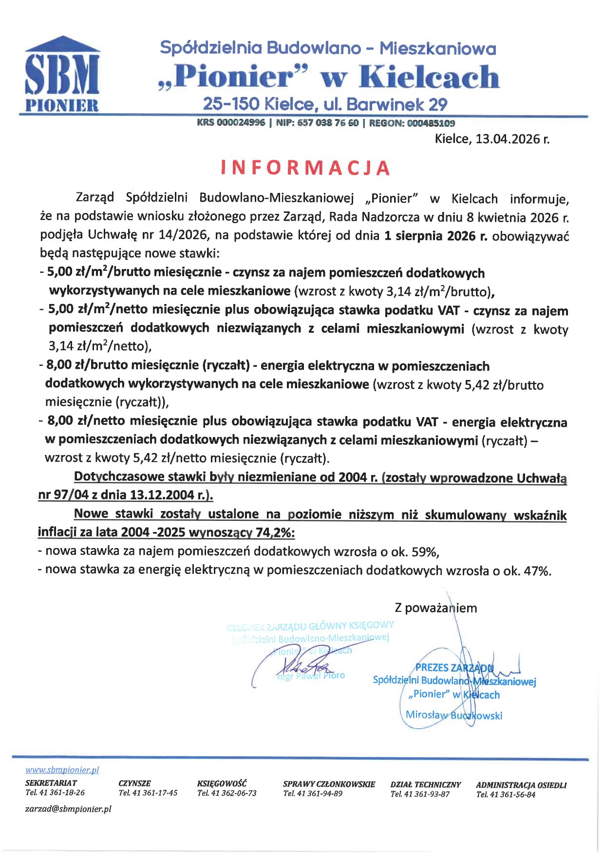 Informacja na temat nowej stawki za najem pomieszczeń dodatkowych oraz energię elektryczną 1
