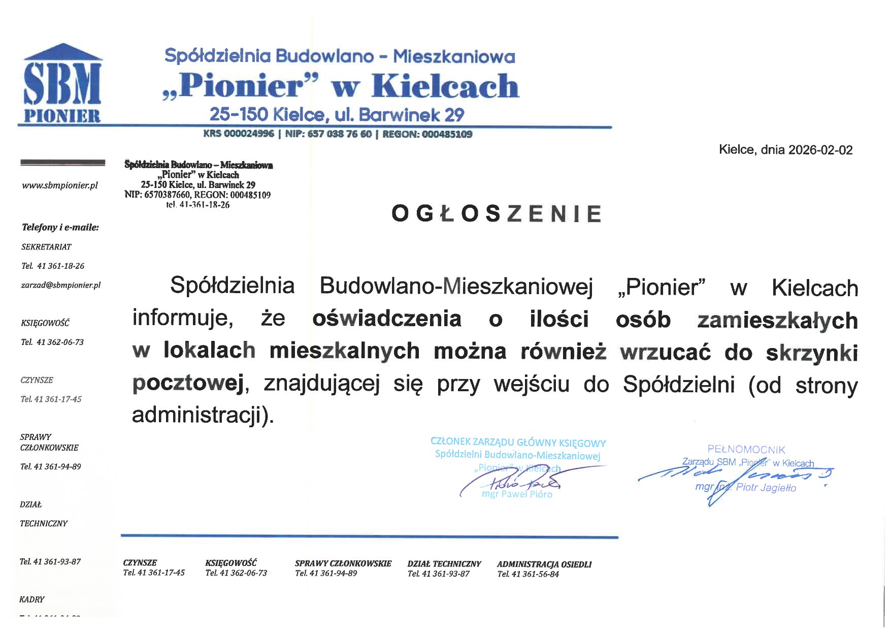 Informacja o oświadczeniach o ilości osób zamieszkałych w lokalu 1
