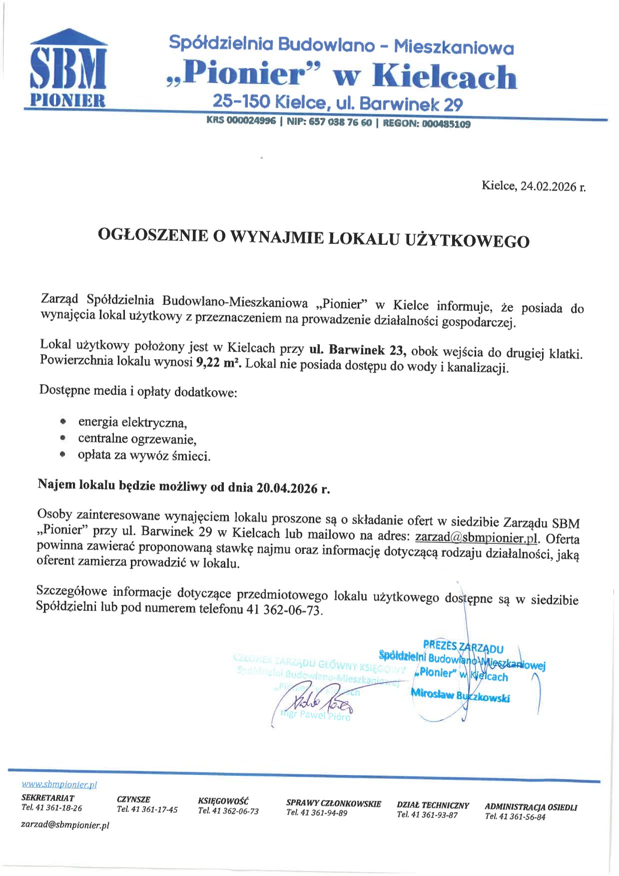 OGŁOSZENIE O WYNAJMIE LOKALU UŻYTKOWEGO BARWINEK 23 1