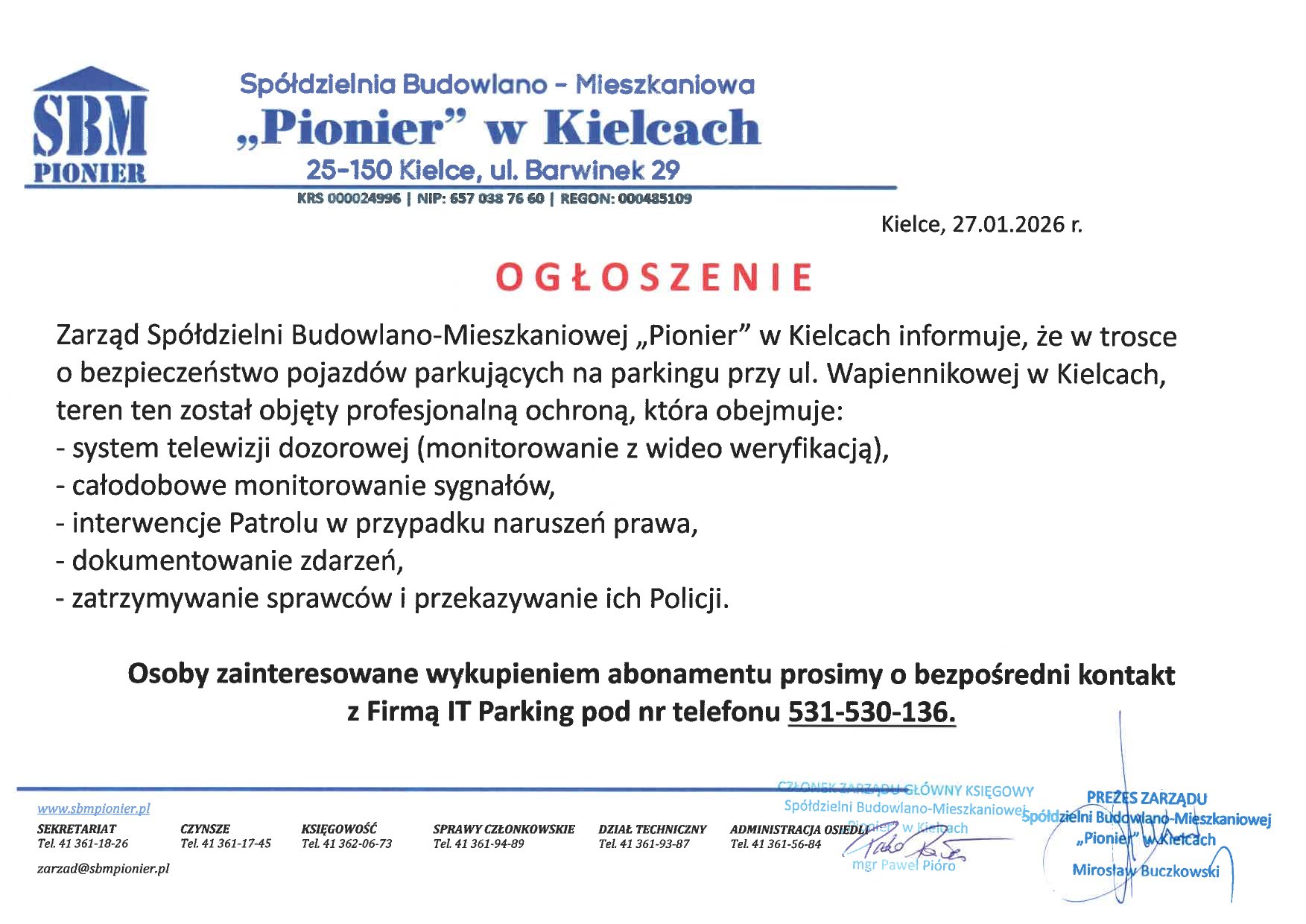 Ogłoszenie dotyczące monitoringu na parkingu przy ul. Wapiennikowej 1